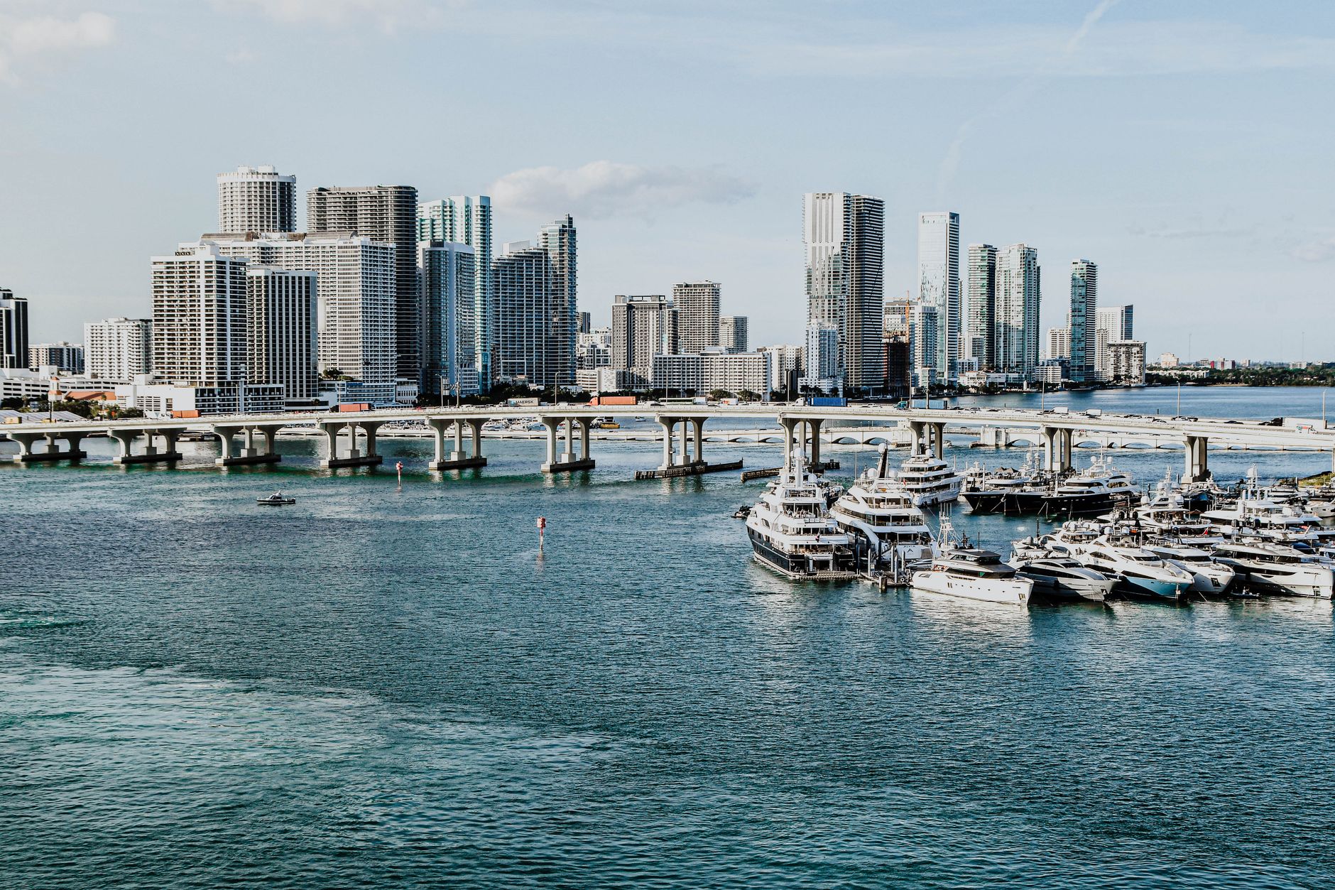 Miami skyline and marina luxury yachts